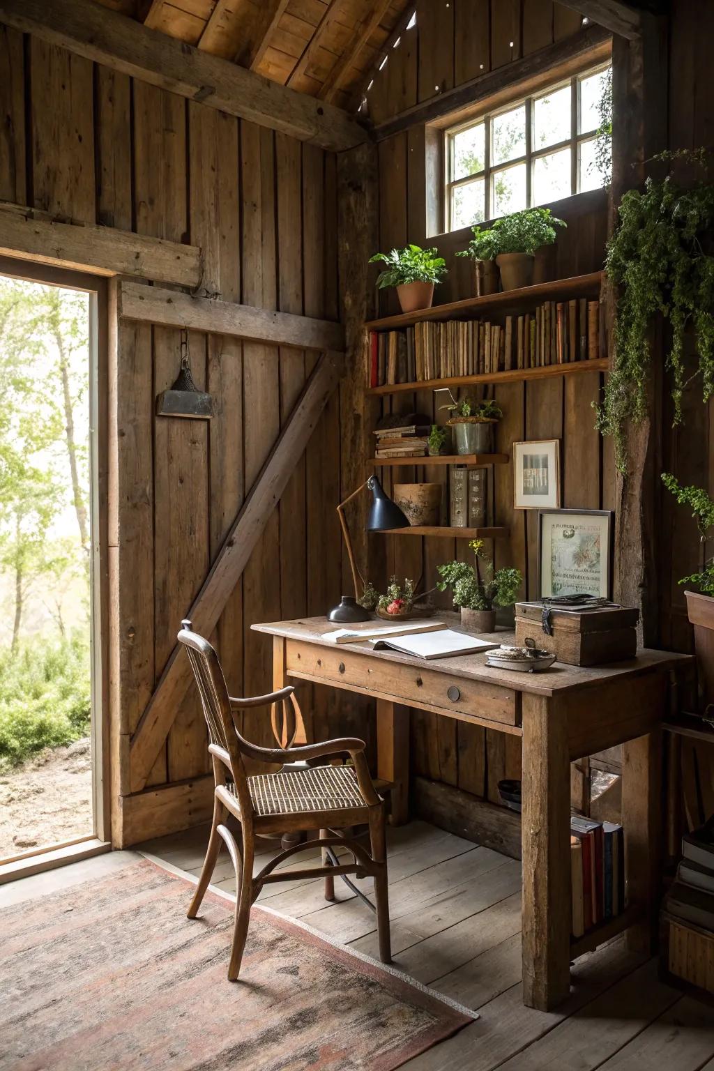 A peaceful home office nestled within a rustic barn setting.