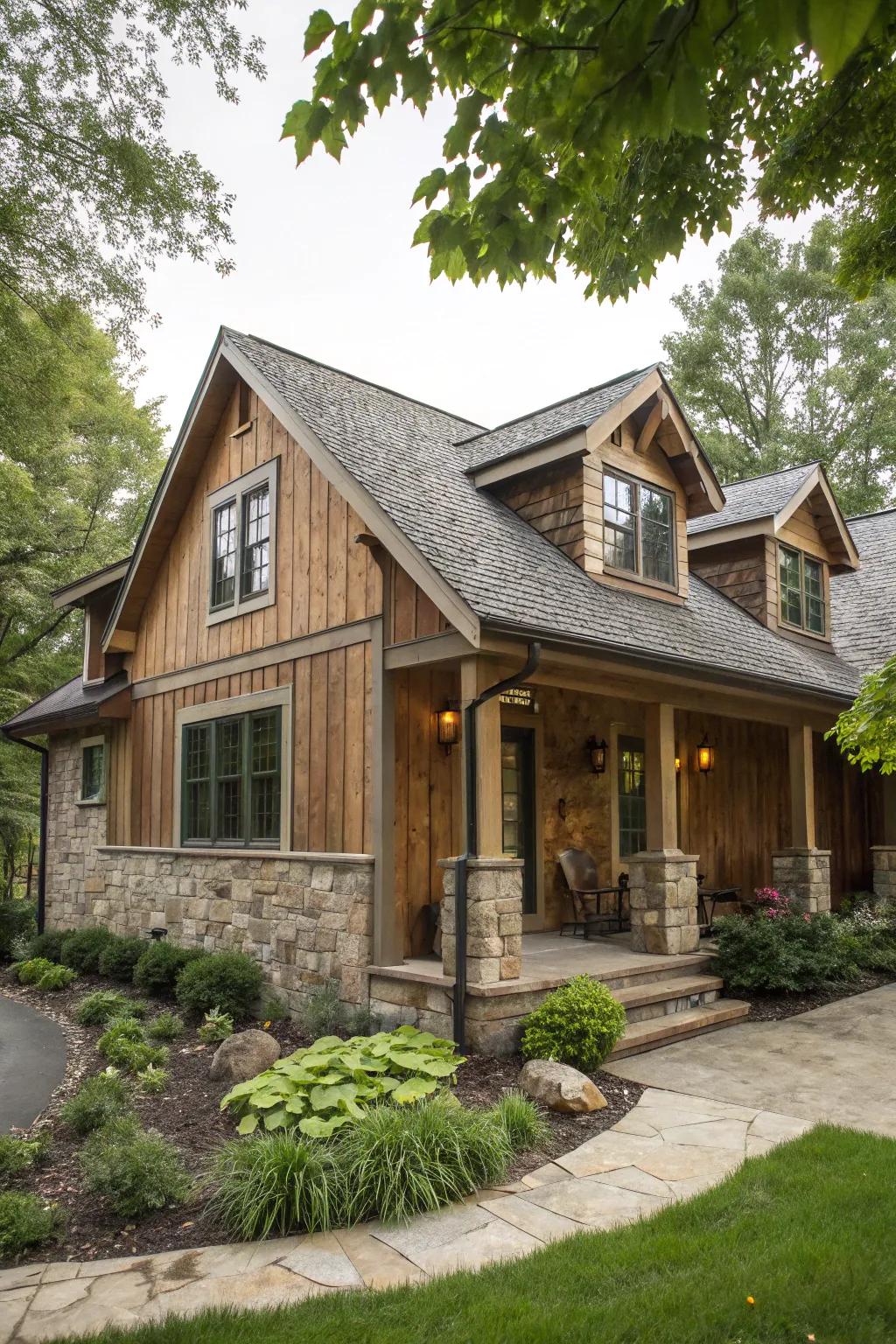 Rustic charm with wood siding and stone accents.