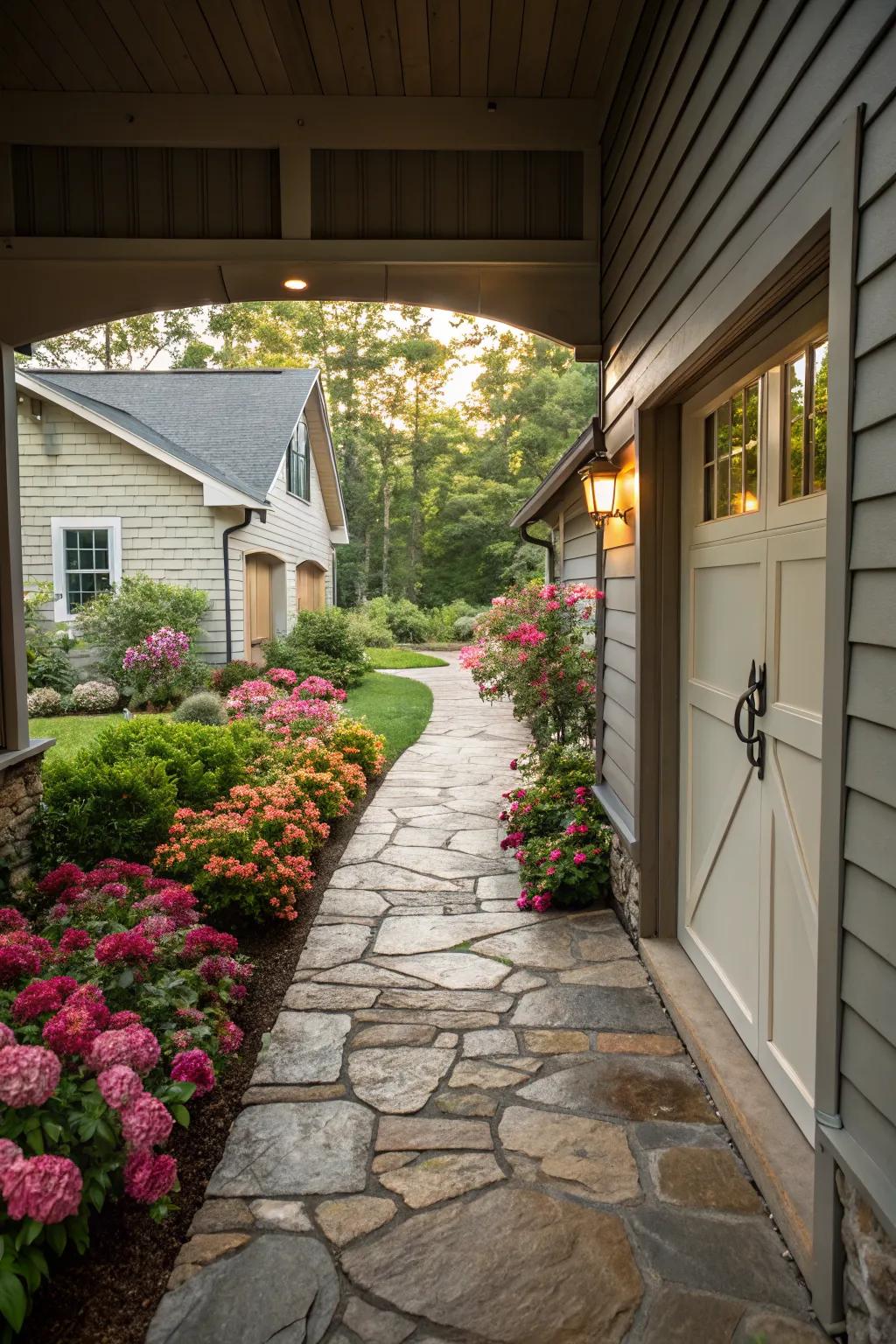 Stone pathways bring rustic elegance to breezeways.