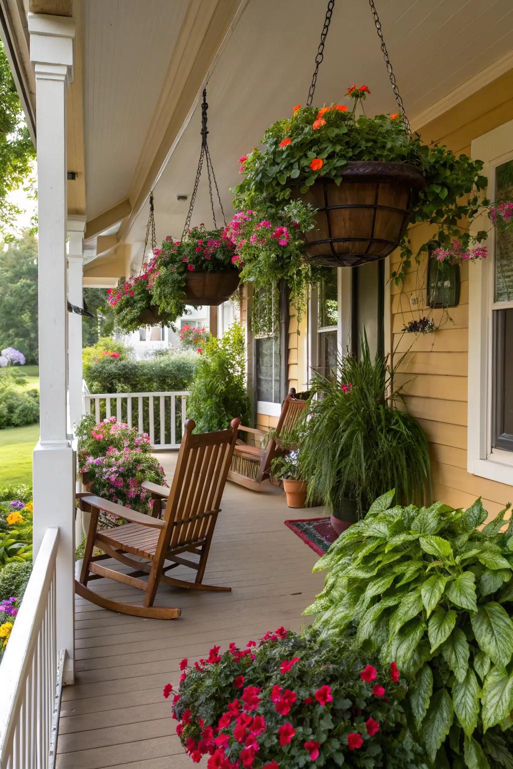 A burst of color and life with plants on the porch.
