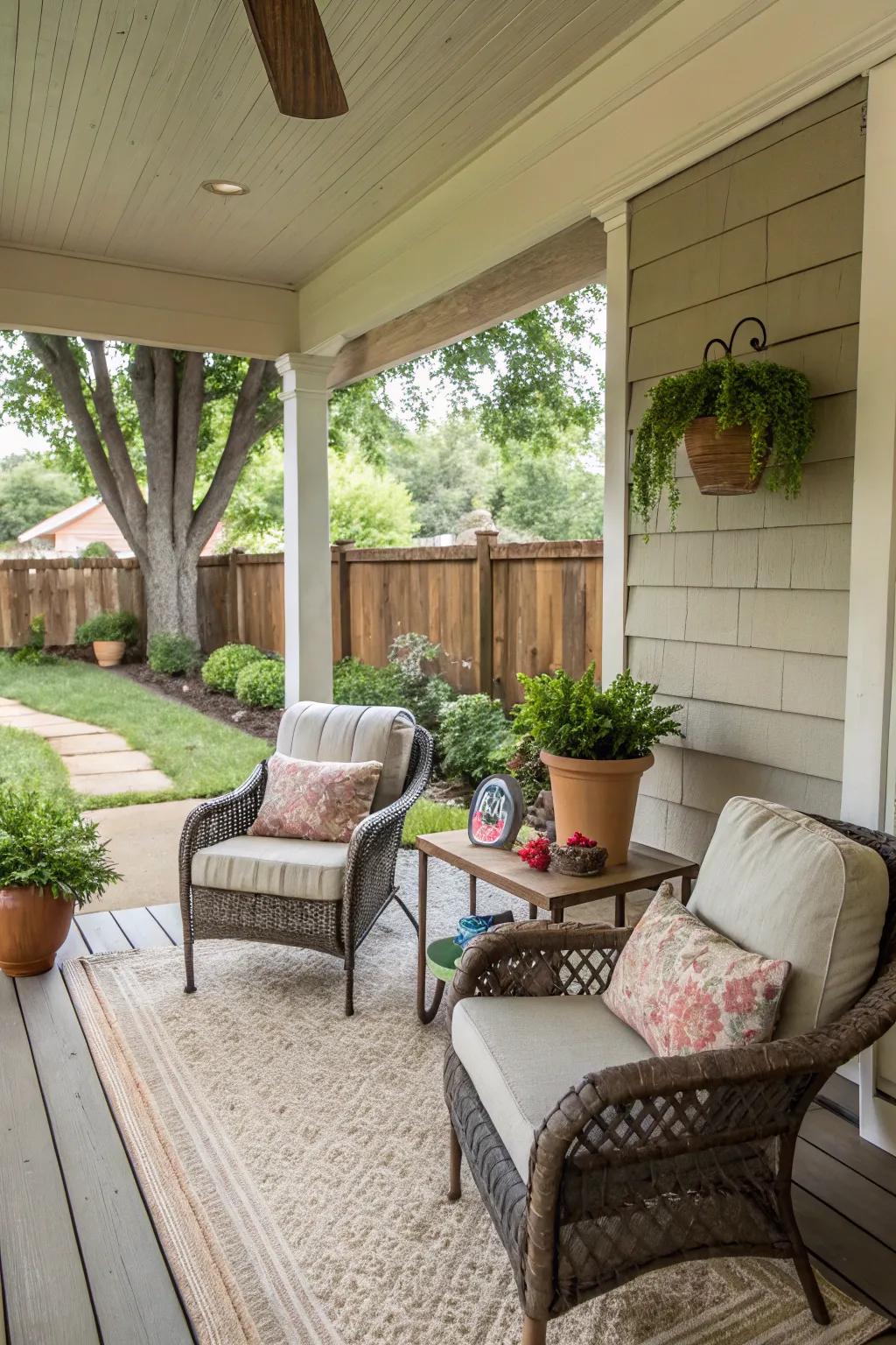 A cozy seating area on an open front porch, perfect for enjoying a cup of coffee.