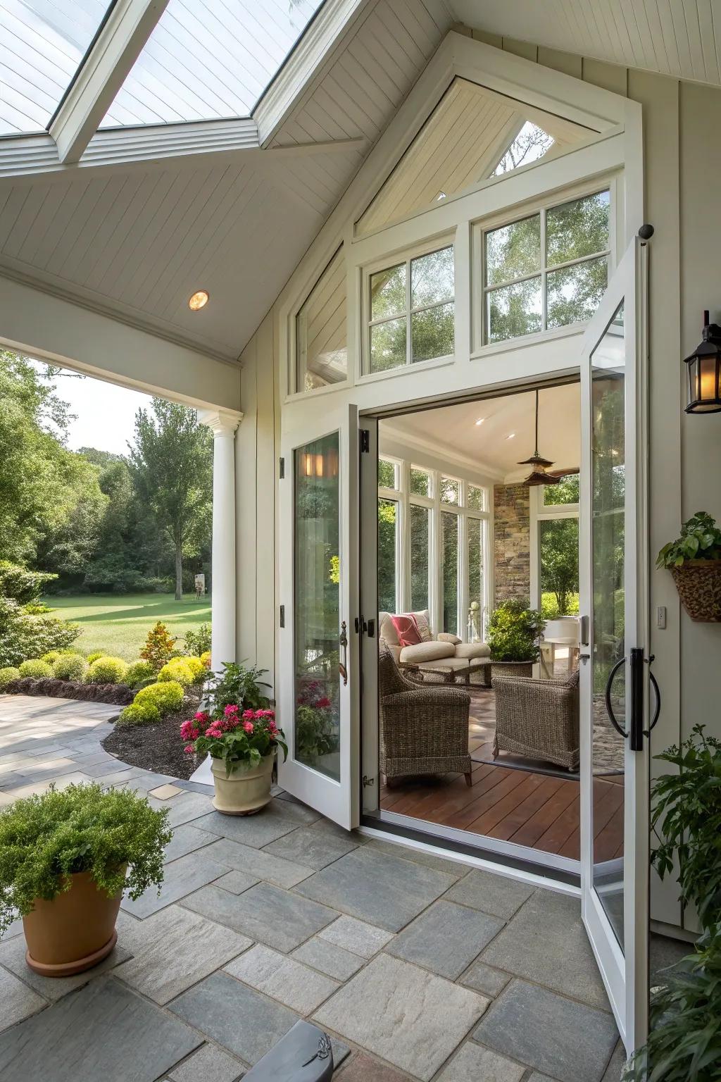 Glass doors enhance the openness and light of this porch.