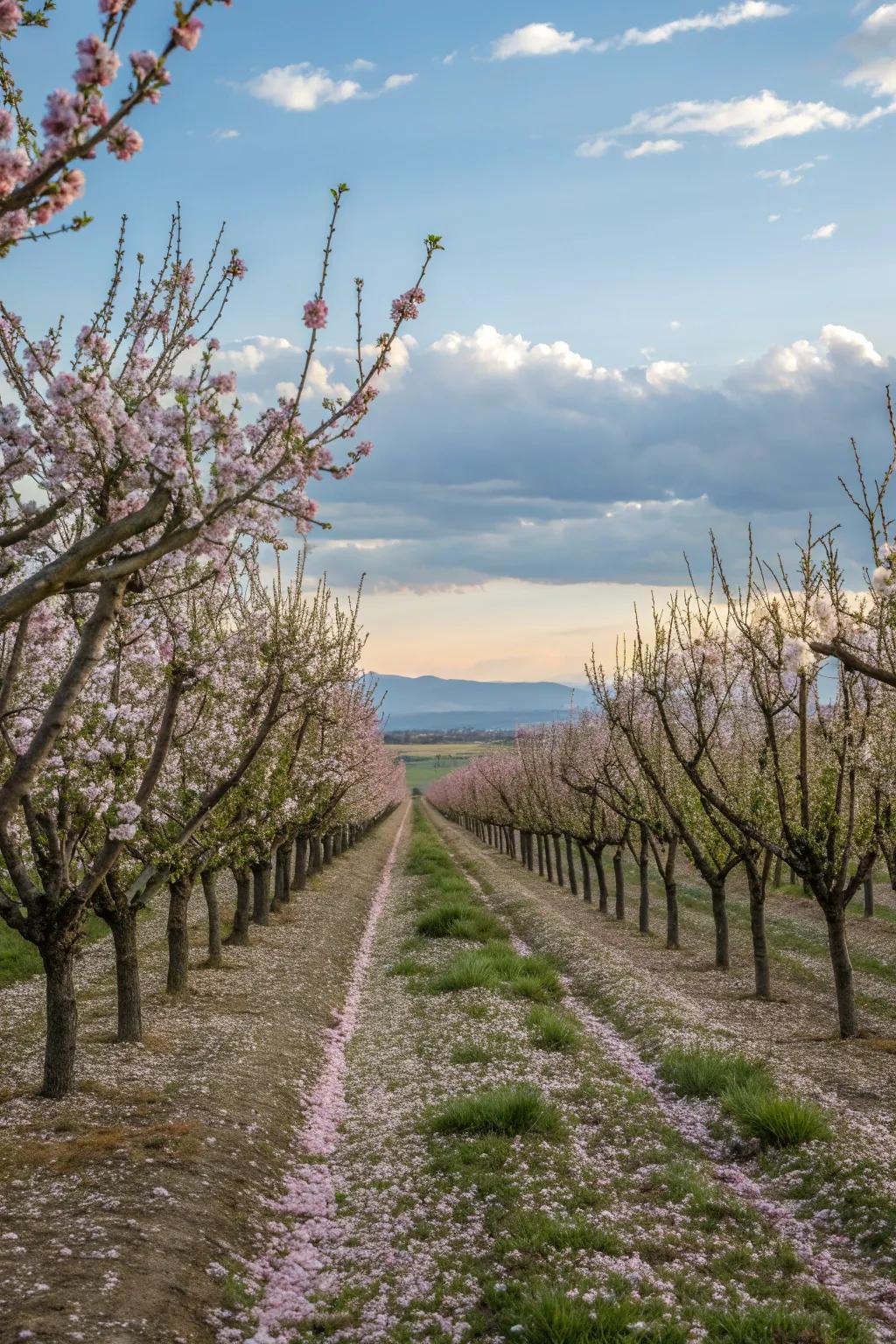 Ornamental trees add elegance and structure to the orchard.