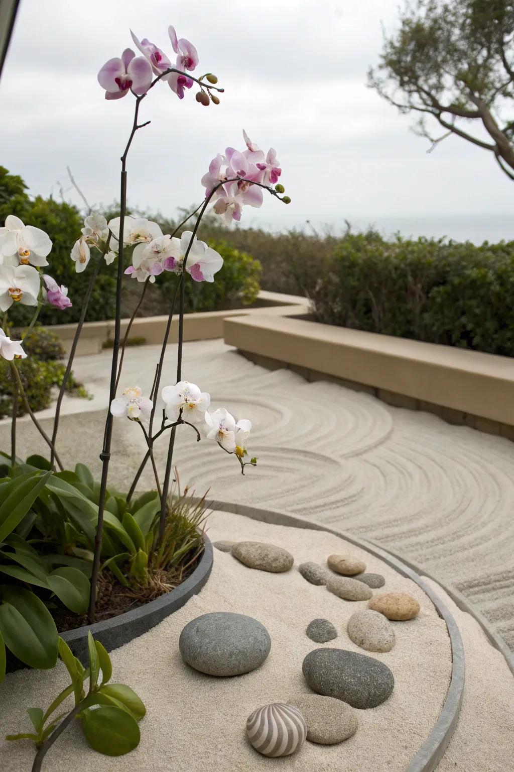 A Zen corner with orchids offers a peaceful escape.
