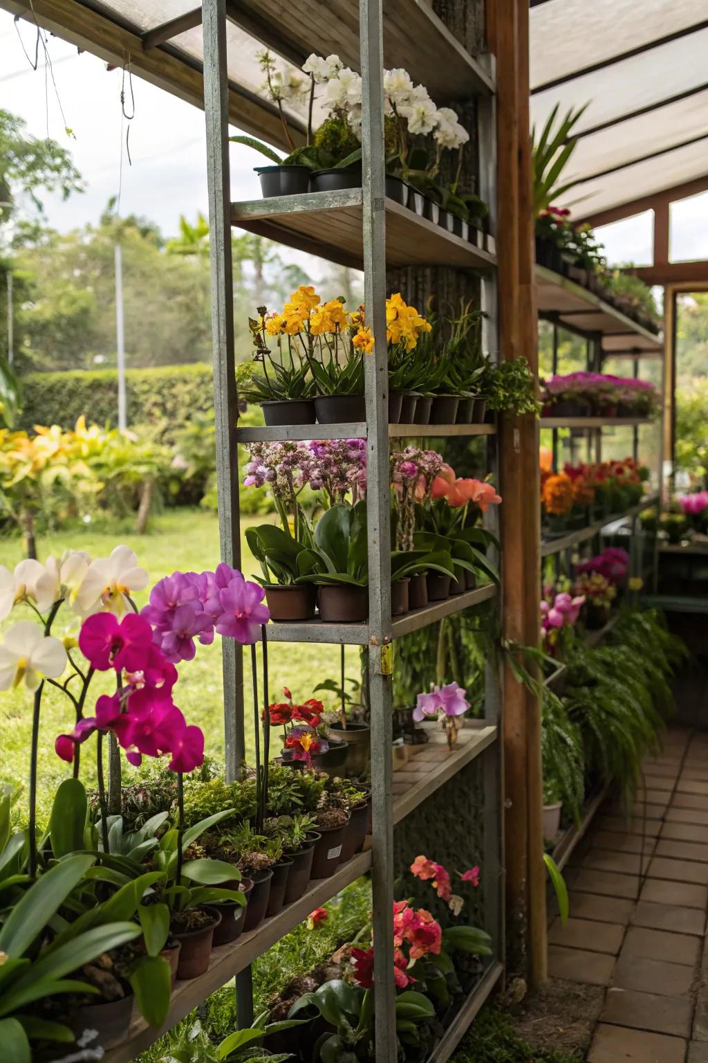 Vertical shelves showcasing a diverse collection of orchids.