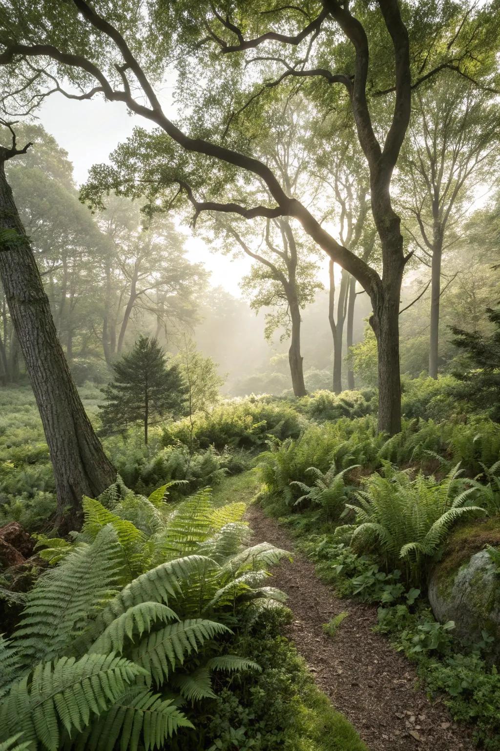 An enchanting woodland retreat featuring ostrich ferns and native flora.
