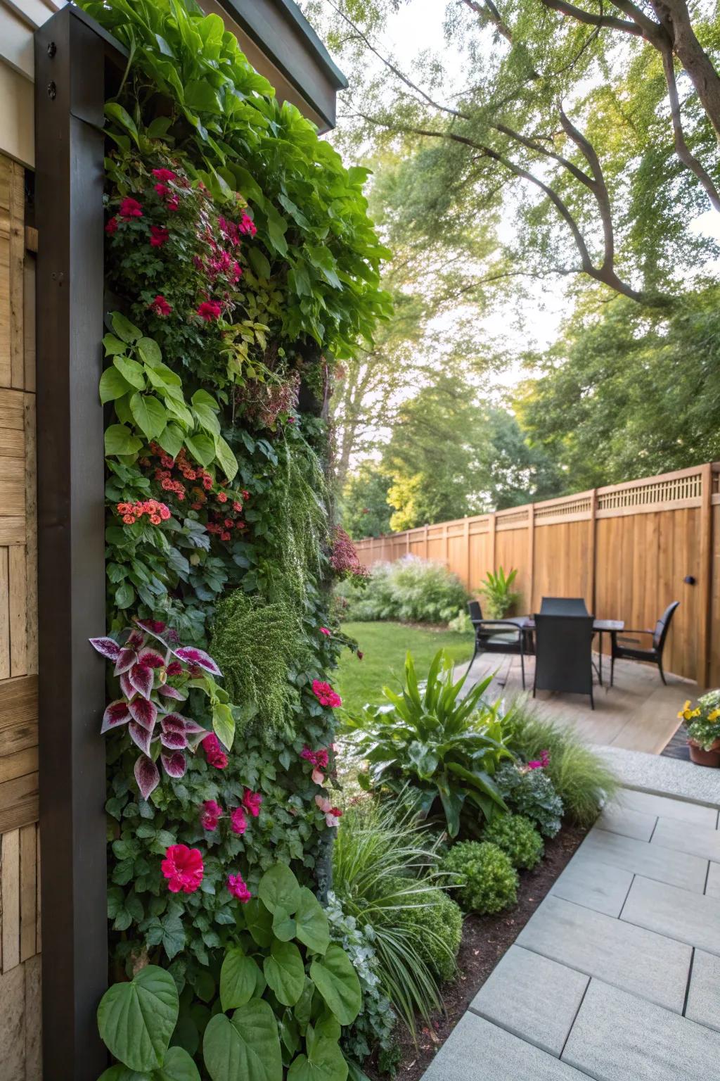 A lush vertical garden transforms an outdoor wall into a living masterpiece.