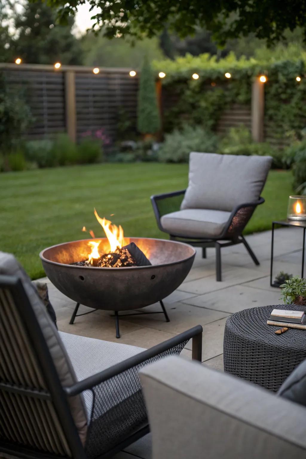 Sleek and modern, this metal fire bowl is a stylish centerpiece.