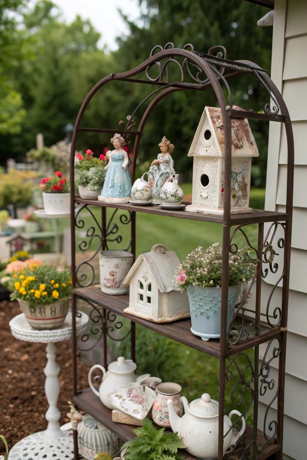 A charming outdoor display with vintage touches on a baker's rack.