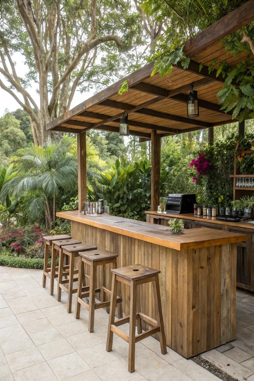 Rustic wood brings warmth and charm to this outdoor bar.