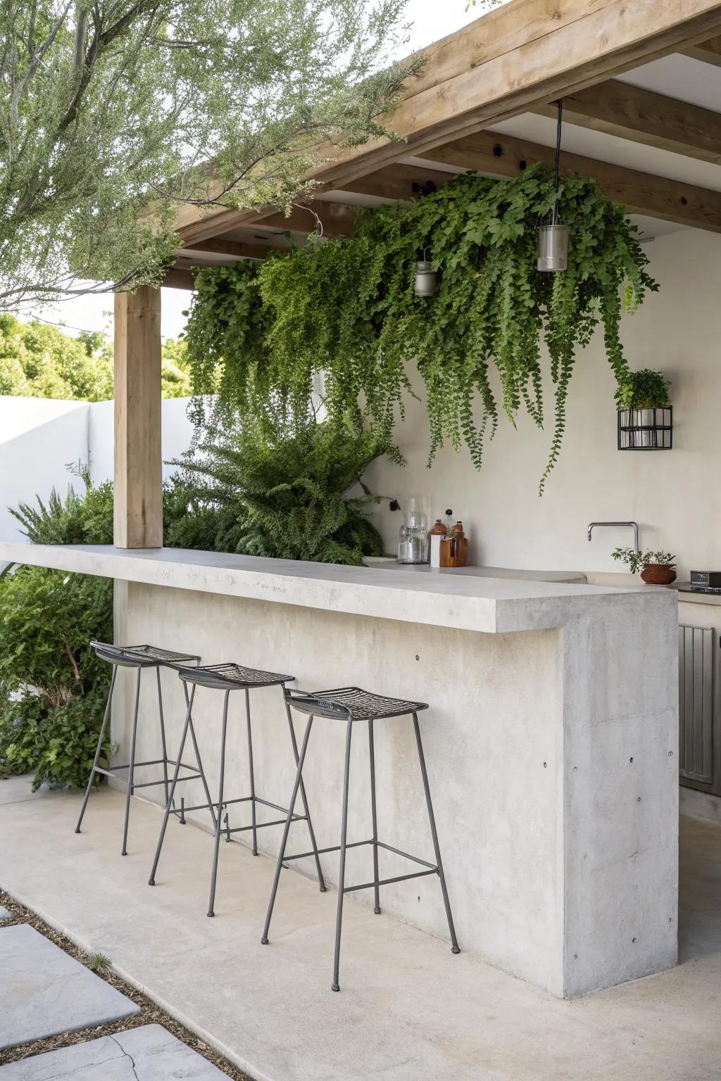 Concrete countertops bring an industrial elegance to outdoor bars.