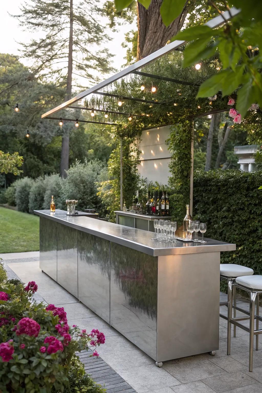 A modern metallic bar adds an edge to your garden.