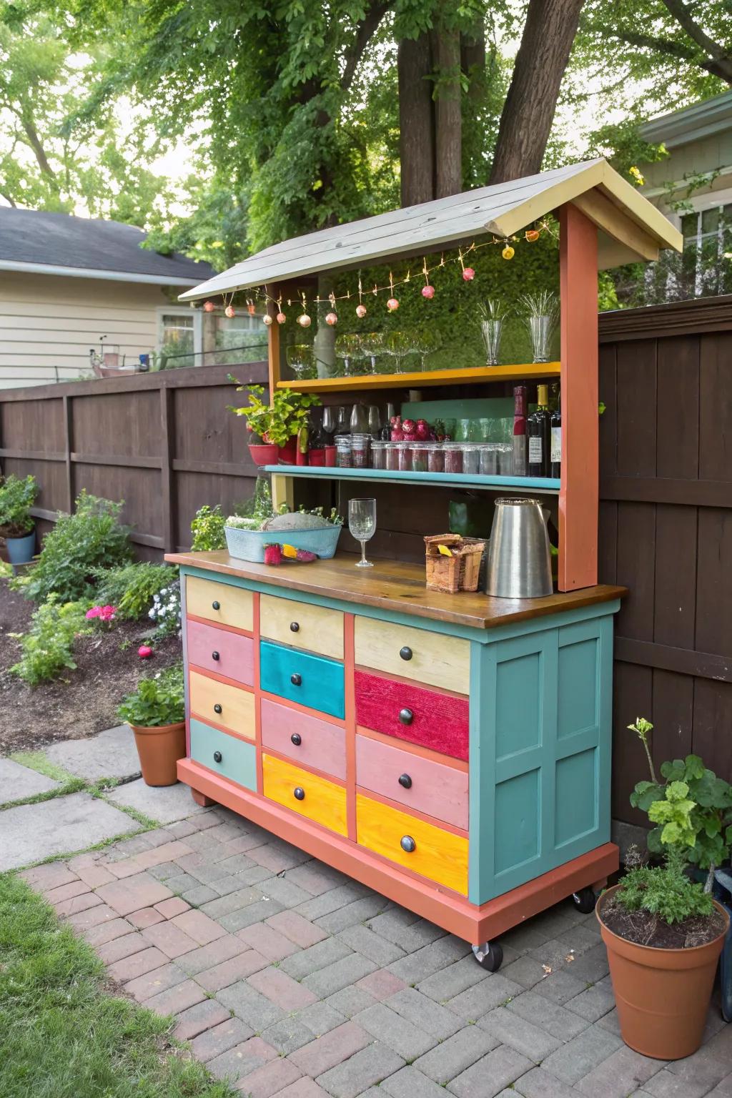 Transform old furniture into a chic outdoor bar with a splash of color.
