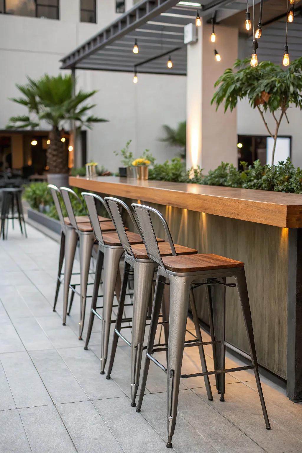Add an industrial flair to your outdoor bar with sleek metal stools.