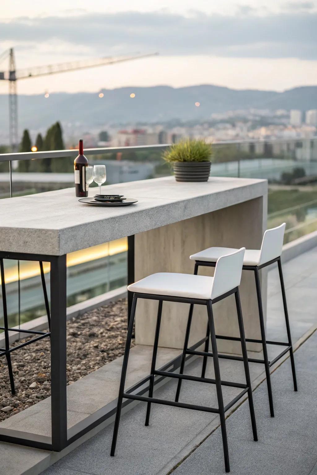 A sleek concrete bar table for a chic, modern outdoor space.