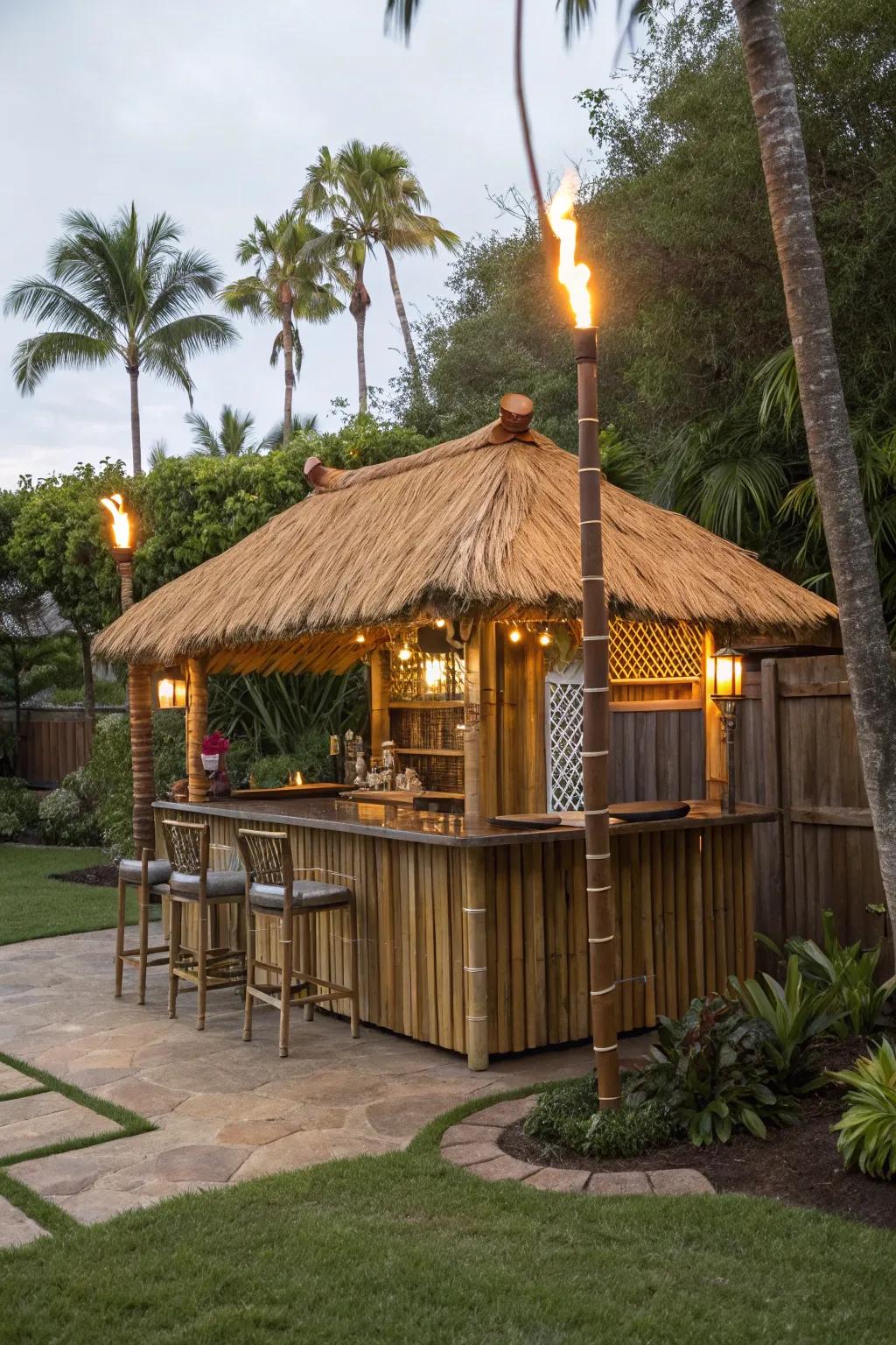 A tiki bar with a thatched roof brings a tropical vibe right to your backyard.