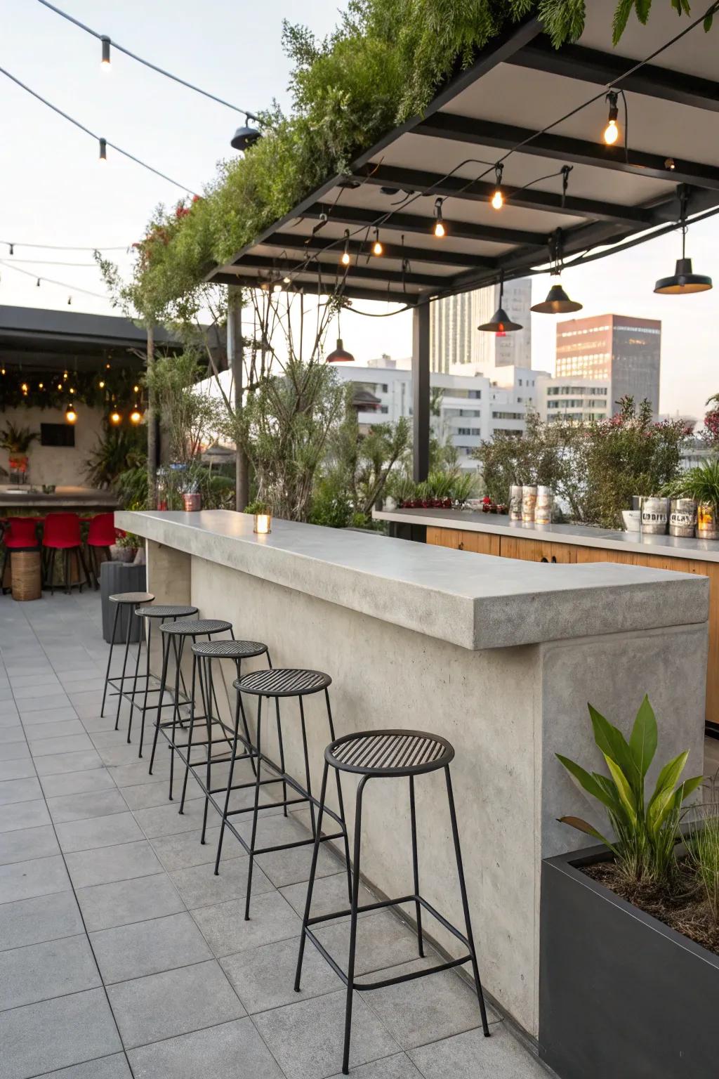 A contemporary concrete bartop offering a modern aesthetic.