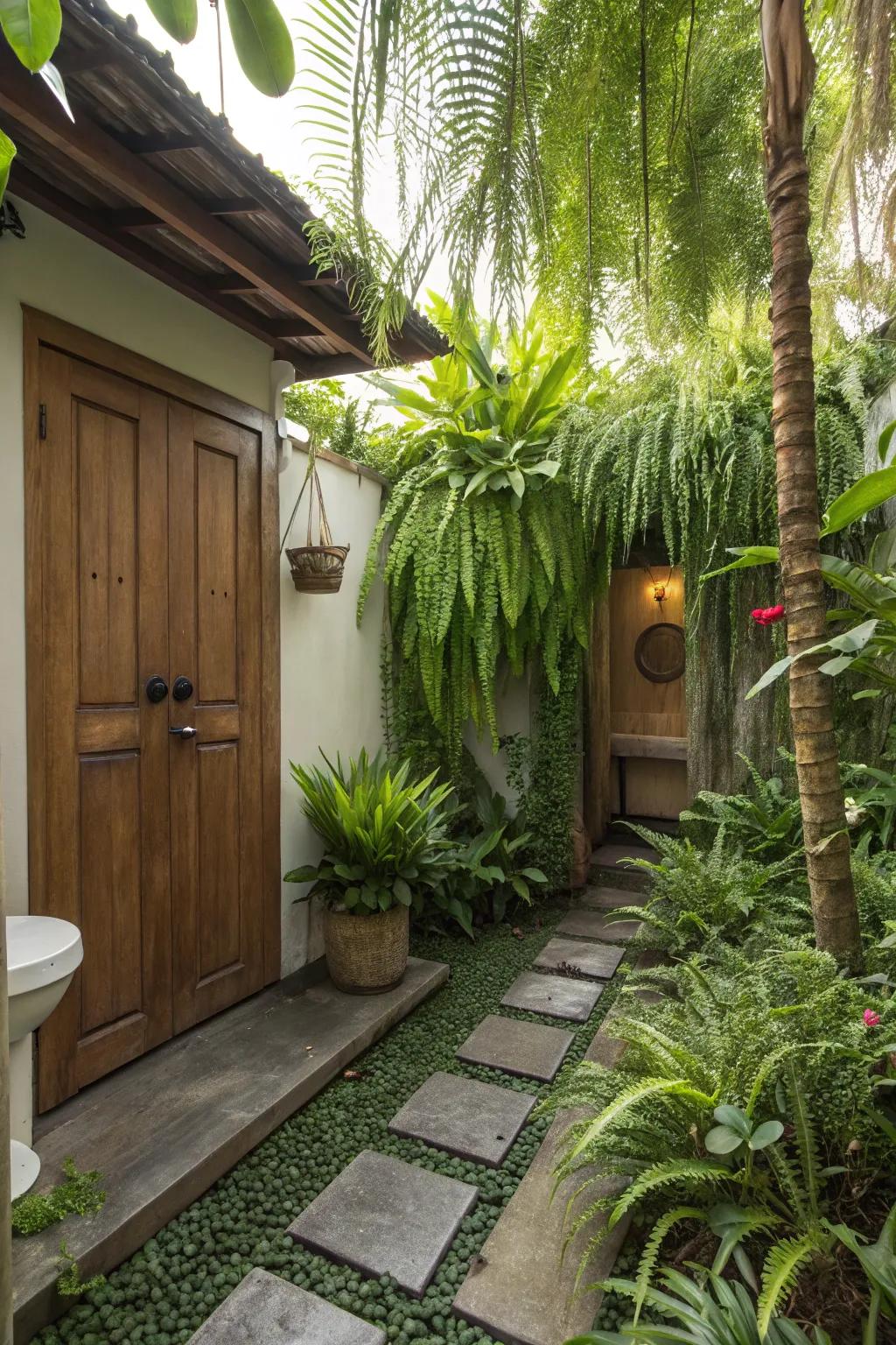 Greenery enhances the natural feel of an outdoor bathroom.