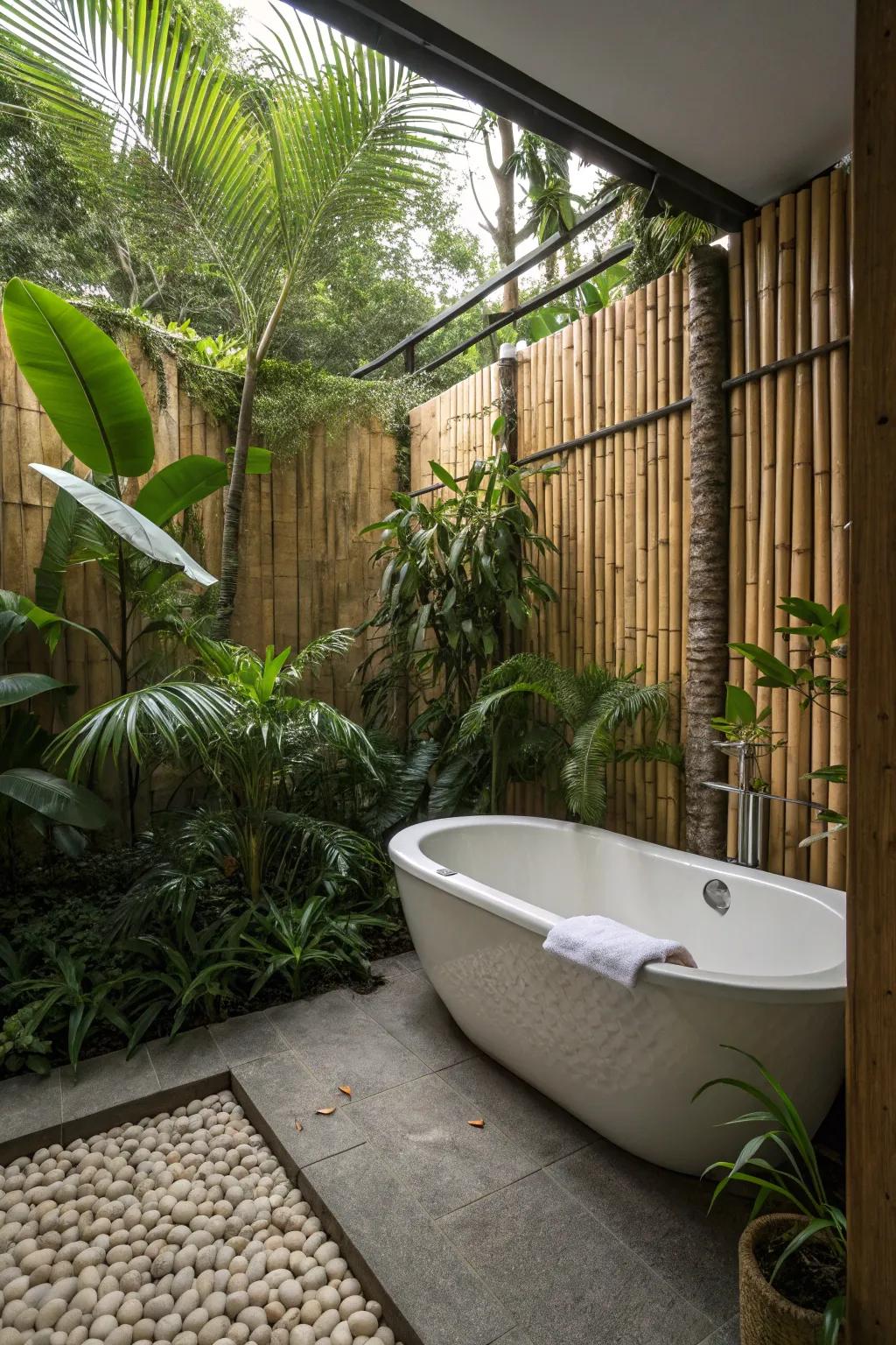 A tropical sanctuary with a bathtub nestled among lush greenery.