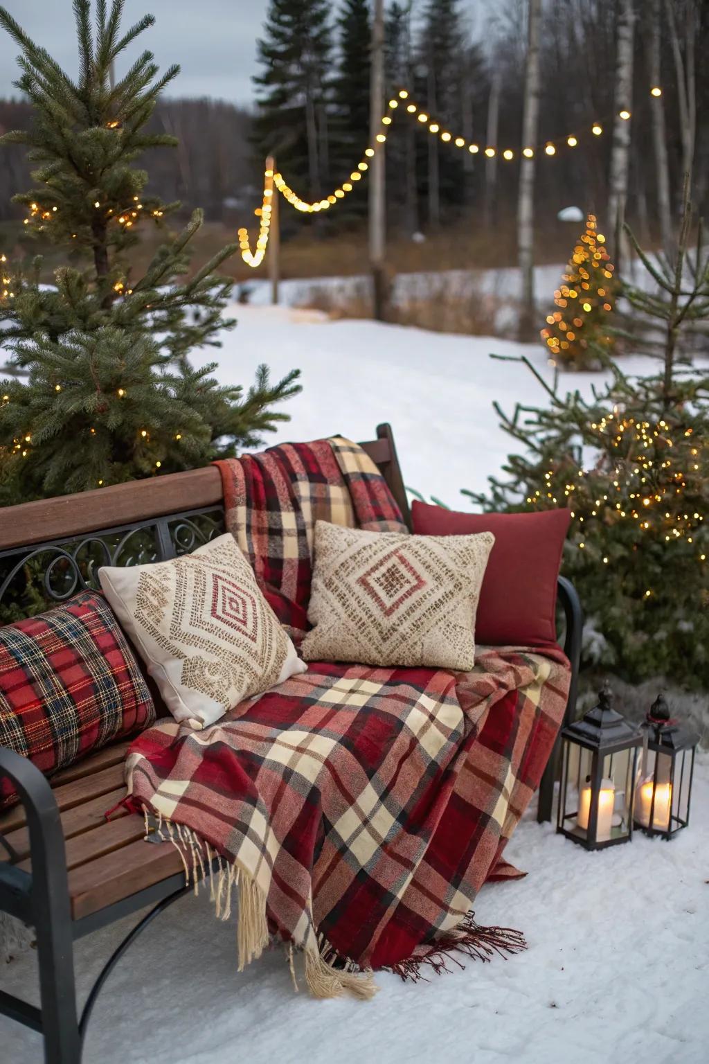 Plaid blankets and pillows create a warm, inviting atmosphere.