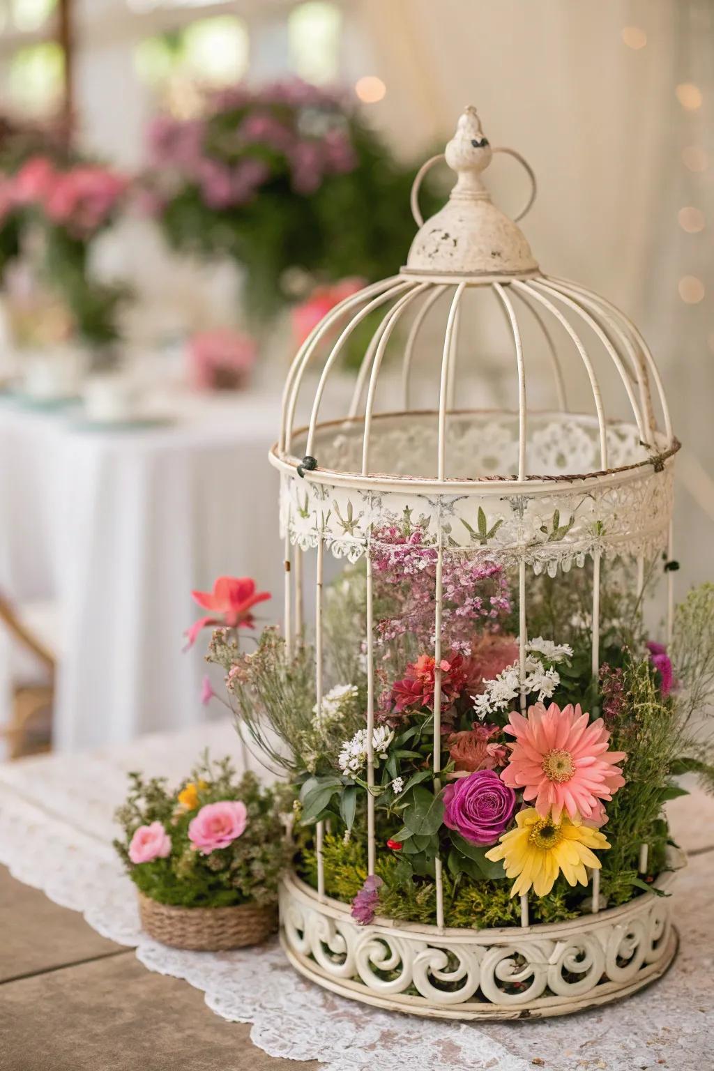 A vintage birdcage planter adds color and charm to any garden.