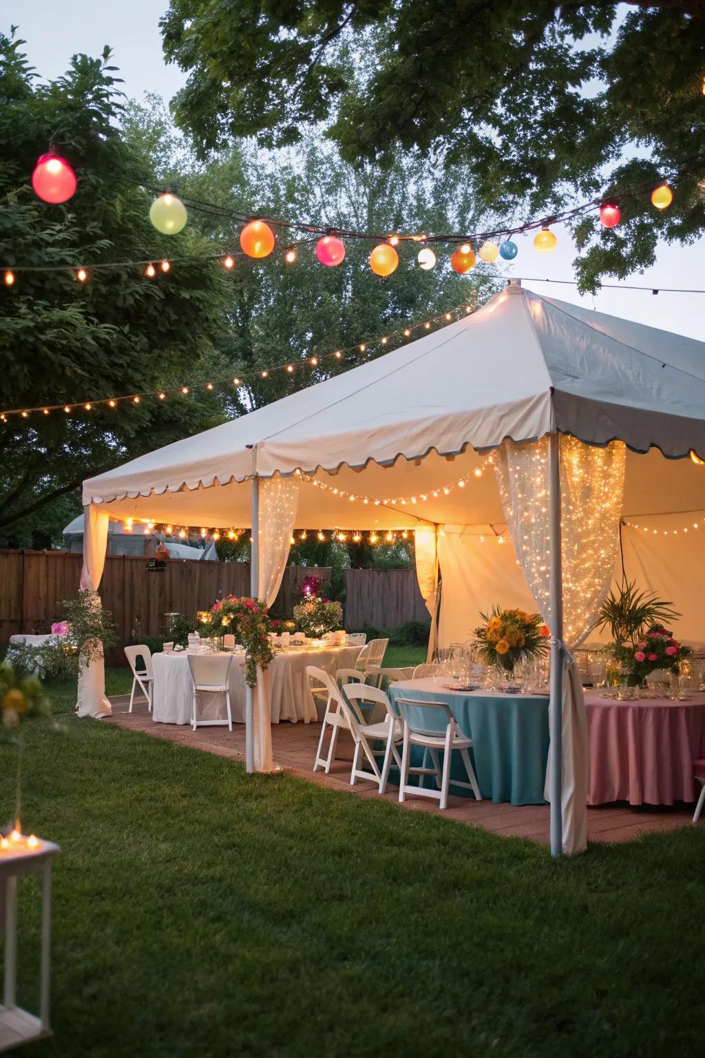 A whimsical themed tent set up for a memorable birthday celebration.
