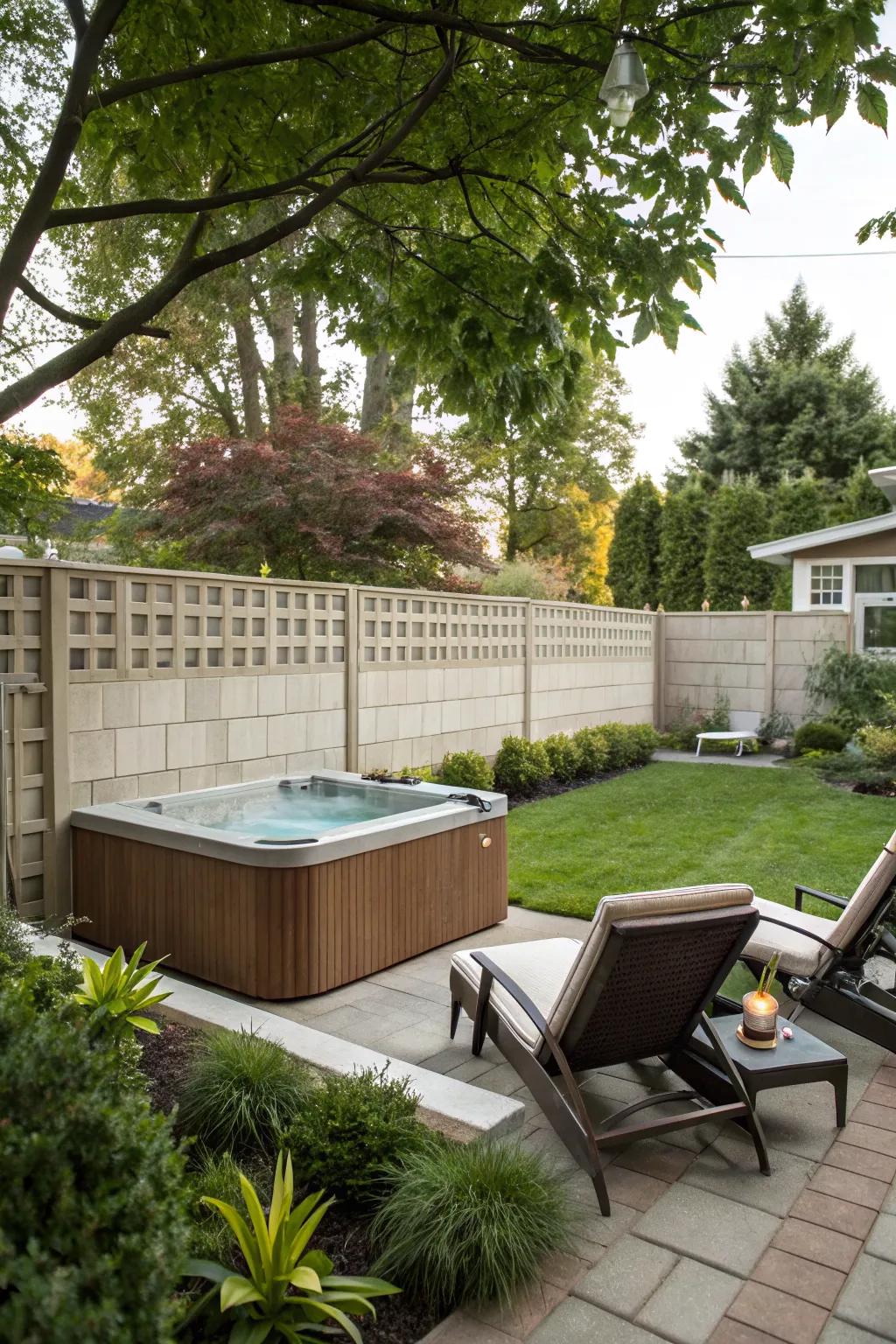 A secluded hot tub area with a protective breeze block wall