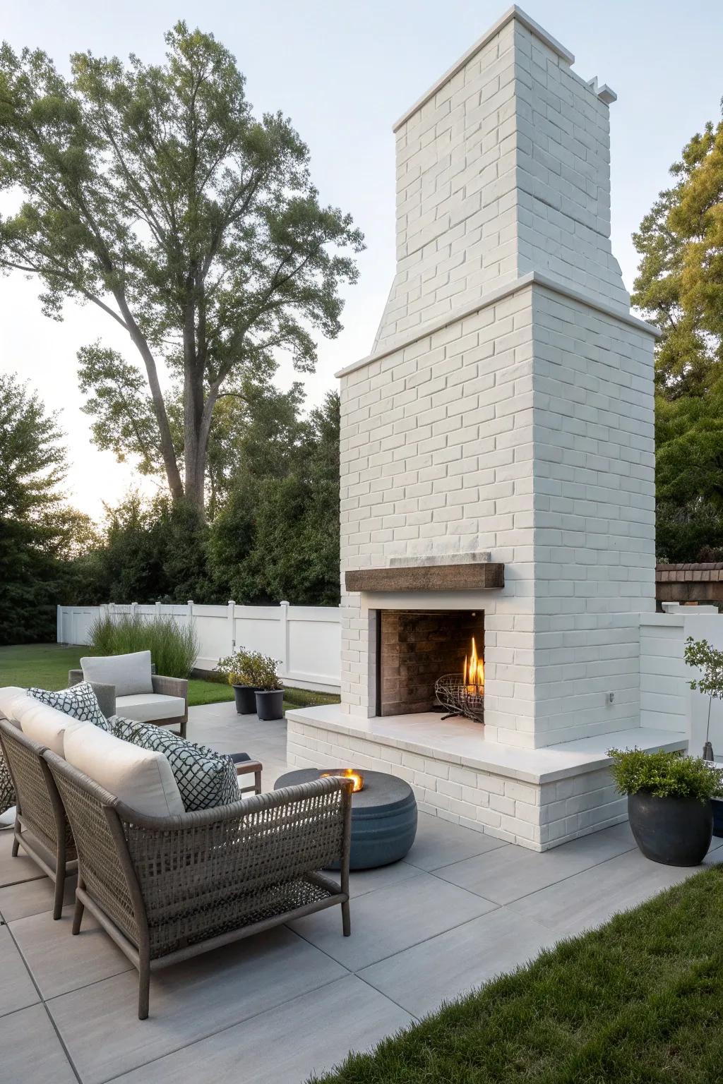 A modern minimalist white brick fireplace for a chic outdoor space.