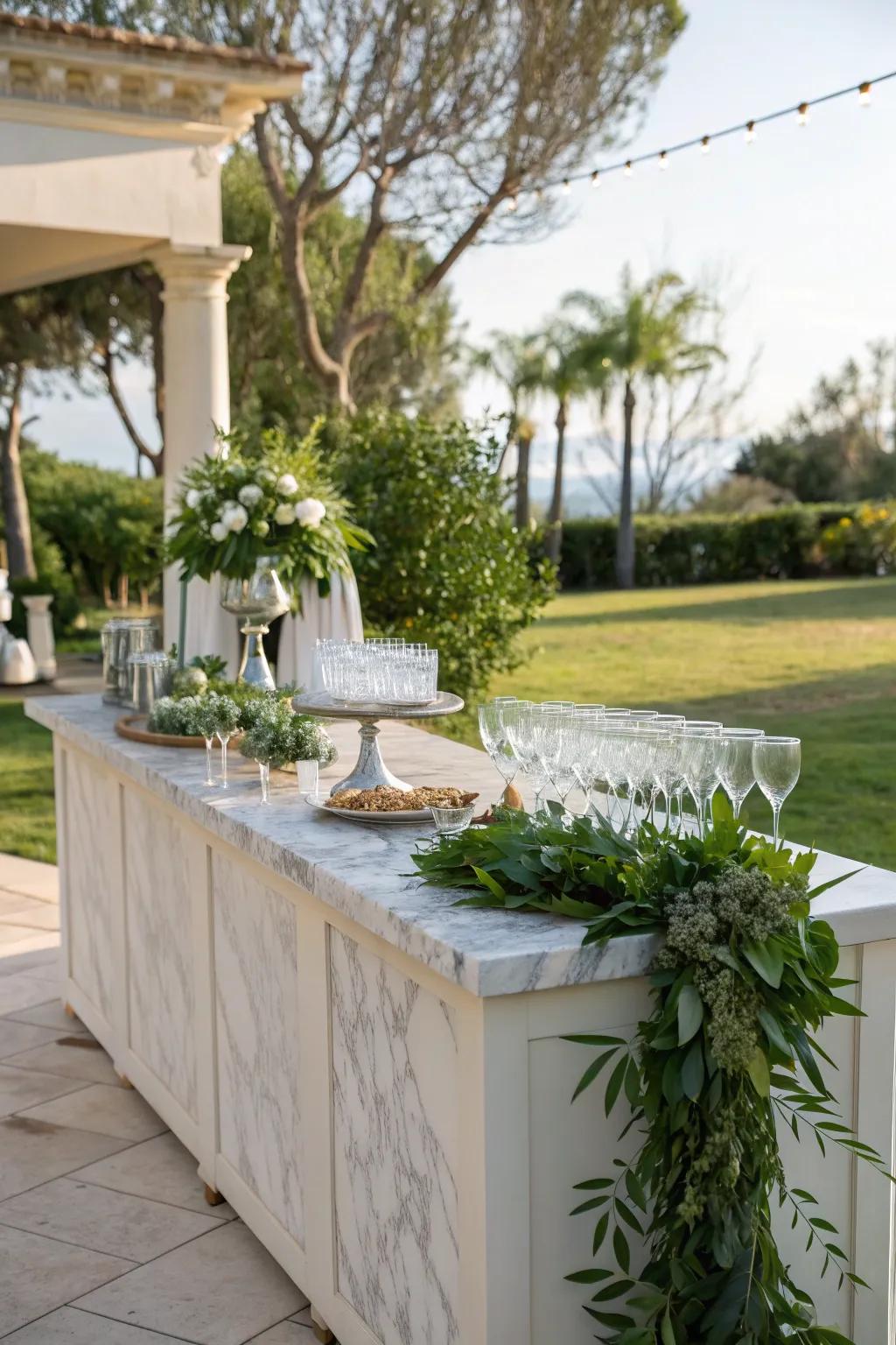 Modern elegance with a marble-topped outdoor buffet.
