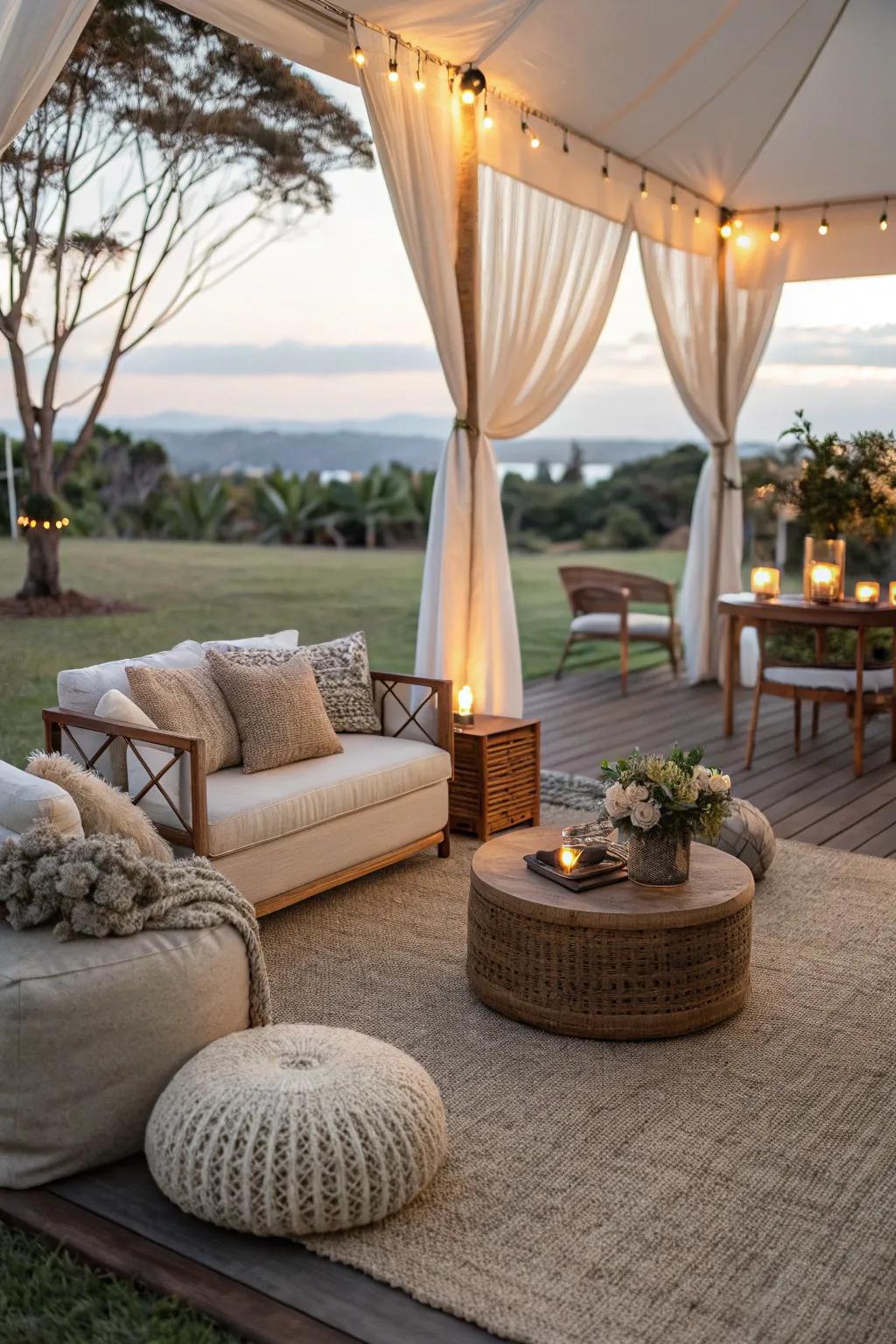Create a cozy lounge area with a soft carpet and comfortable seating.