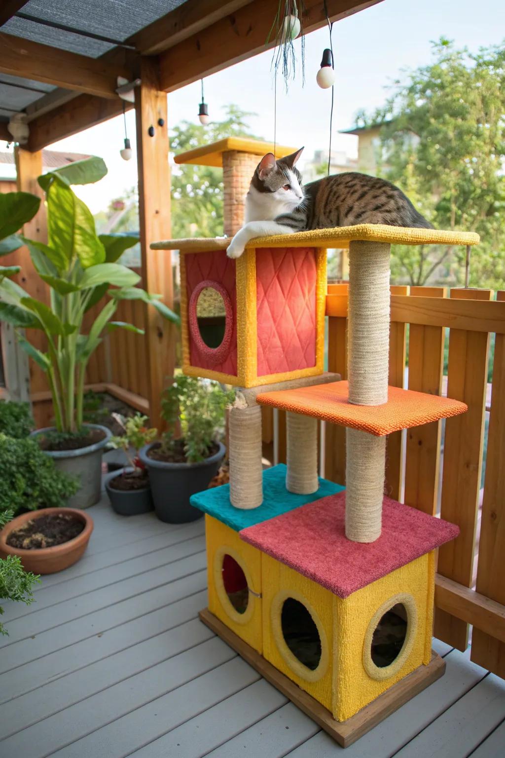 Multilevel cat condos serve as both play and rest areas.