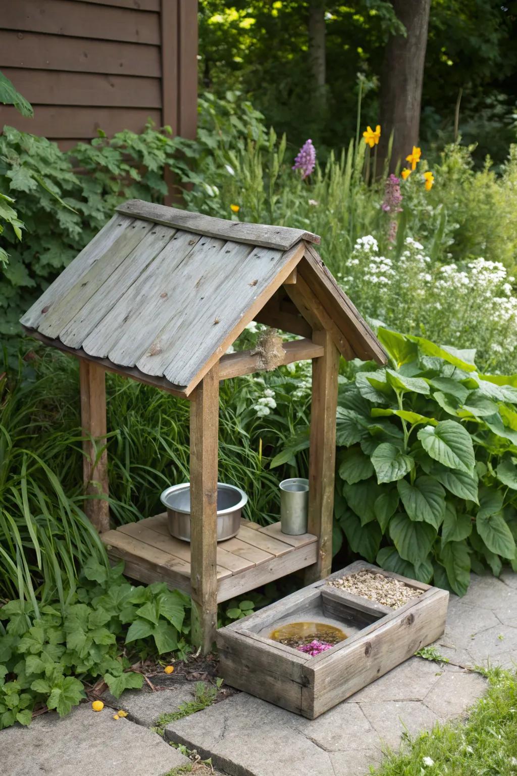 A charming wooden cat feeding station that blends into the garden.