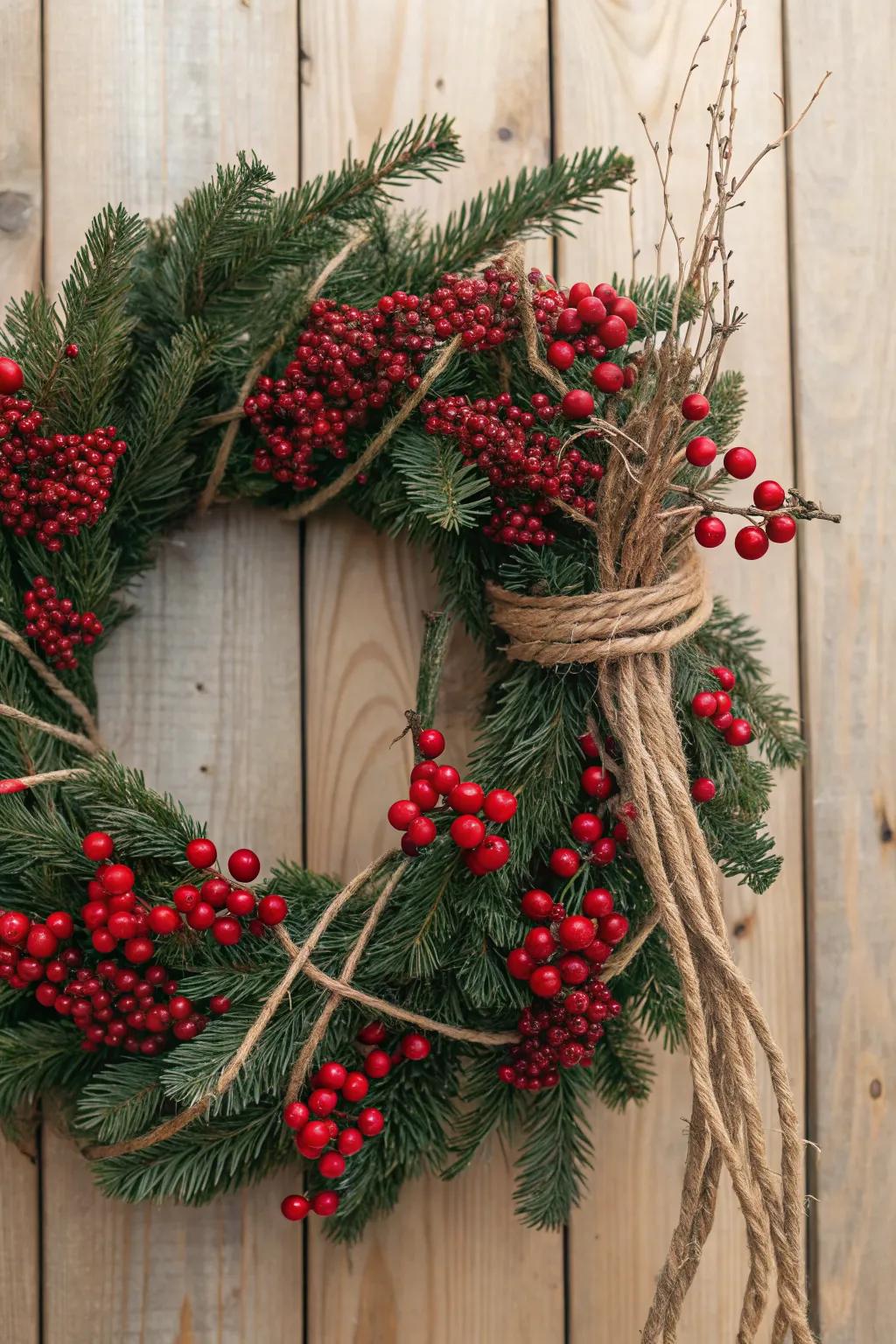 Rustic wreath enhanced with vibrant red berries.