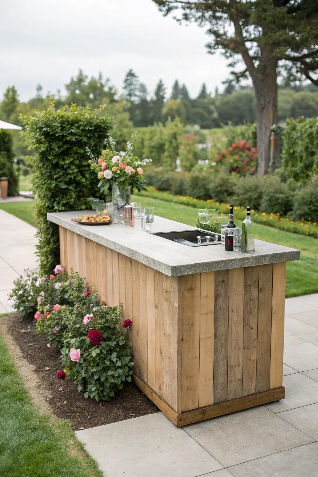 A harmonious blend of concrete and wood creates a cozy outdoor bar.