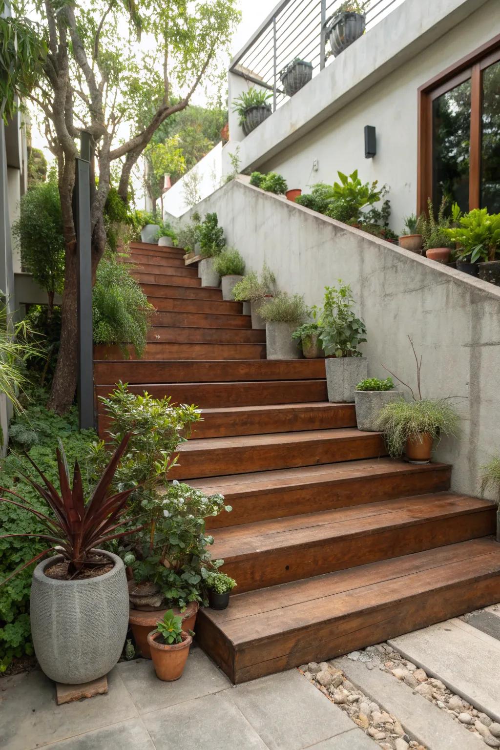 Concrete stairs enhanced with rich wooden treads.