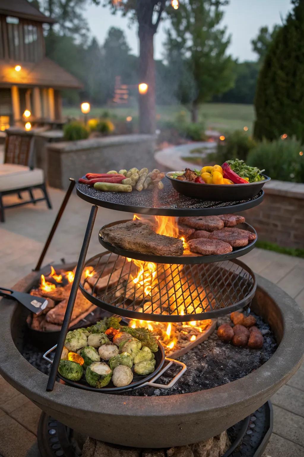 Multi-level grates for versatile outdoor cooking experiences.