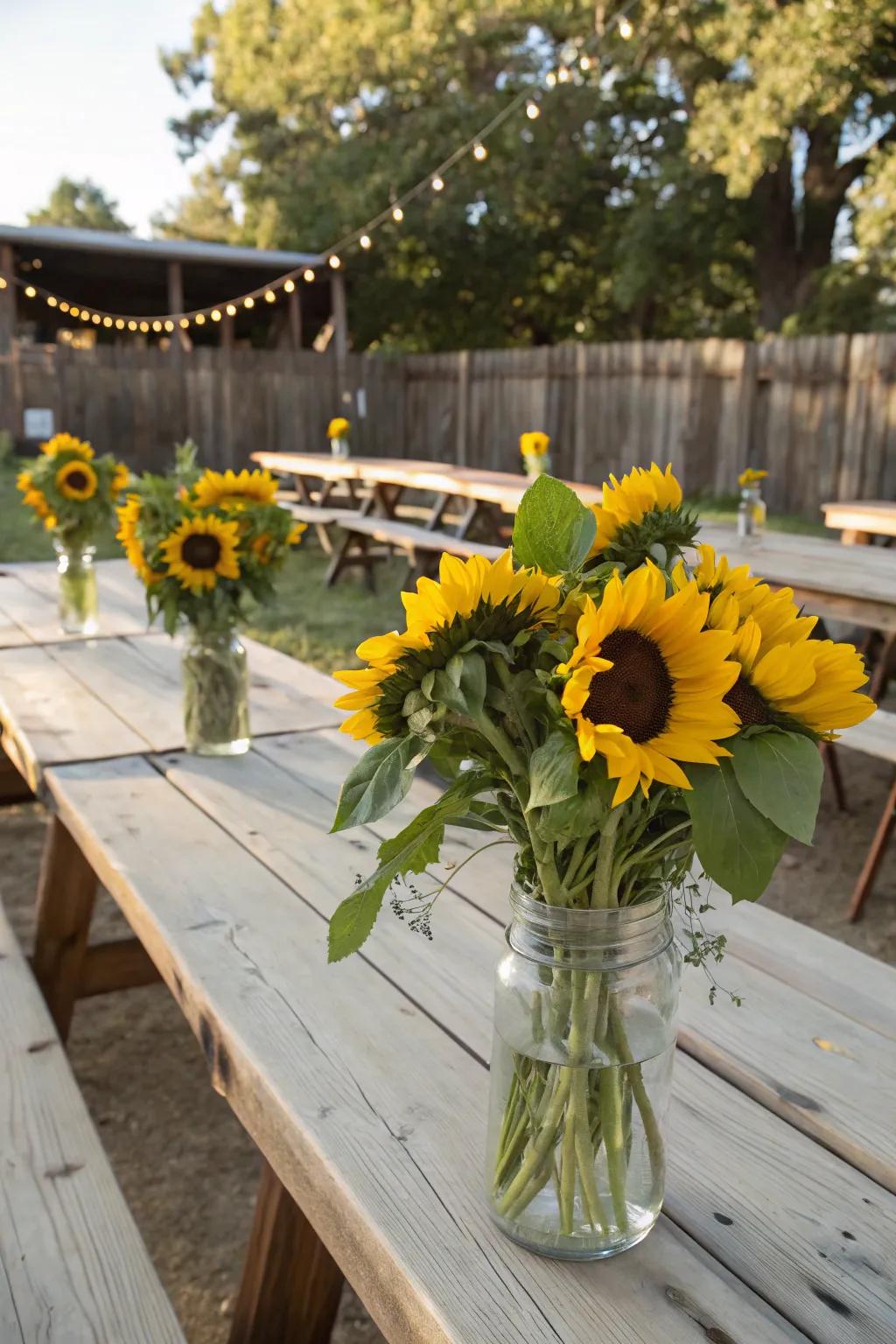 Sunflower arrangements bring a rustic and cheerful vibe to any outdoor setting.