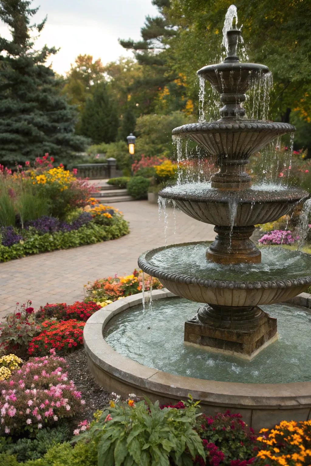 The soothing sound of cascading water from a tiered fountain.