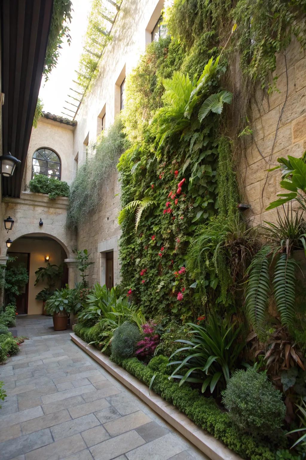 Vertical gardens maximize greenery in small spaces.