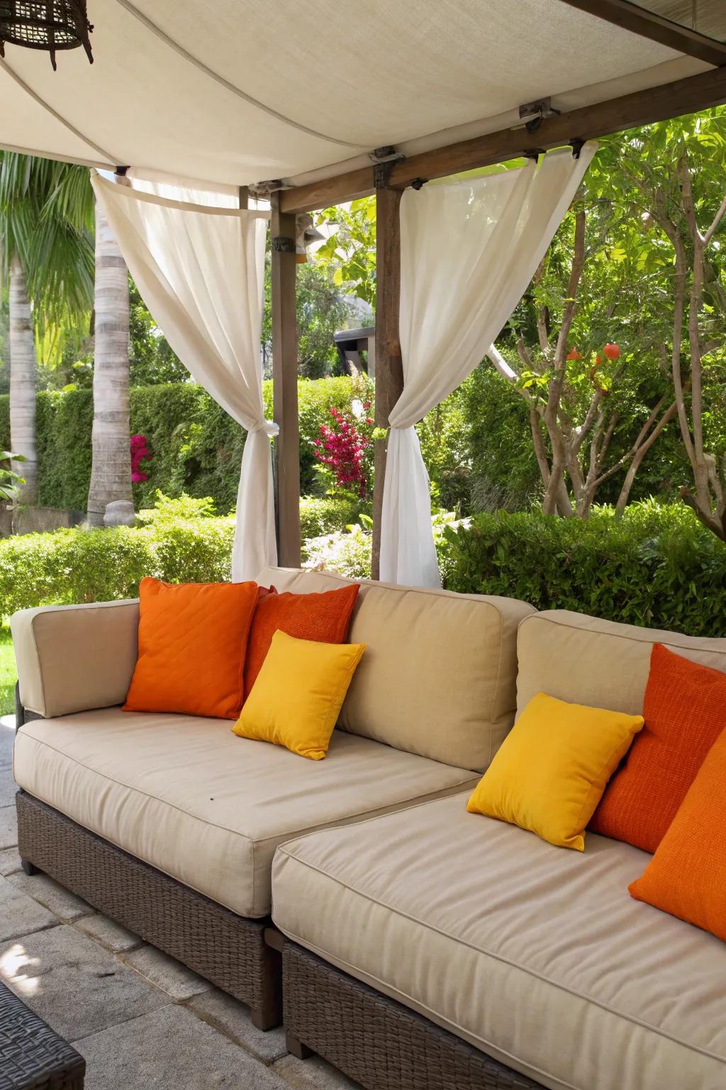 Bright cushions add a pop of color to neutral outdoor furniture.