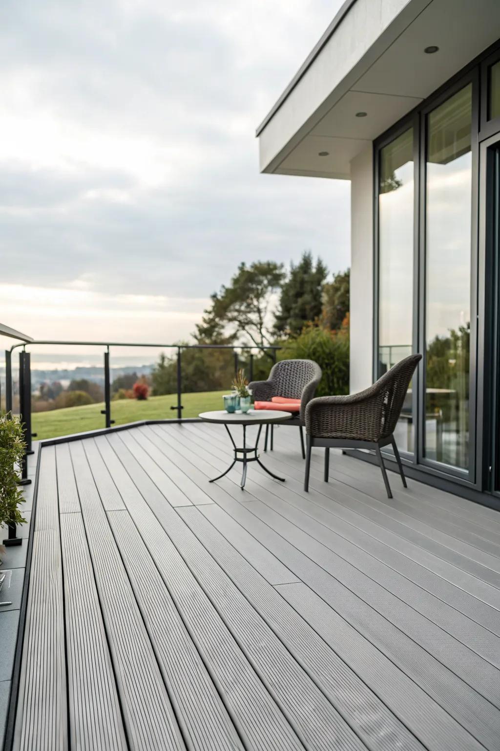 Composite decking provides a wood-like appearance with low maintenance.