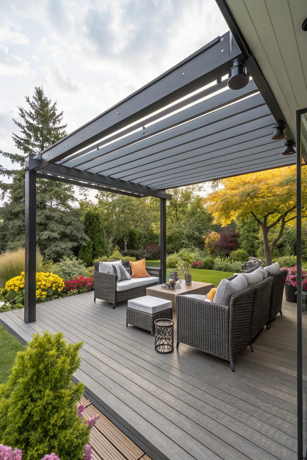 A modern pergola with retractable panels for flexible outdoor living.