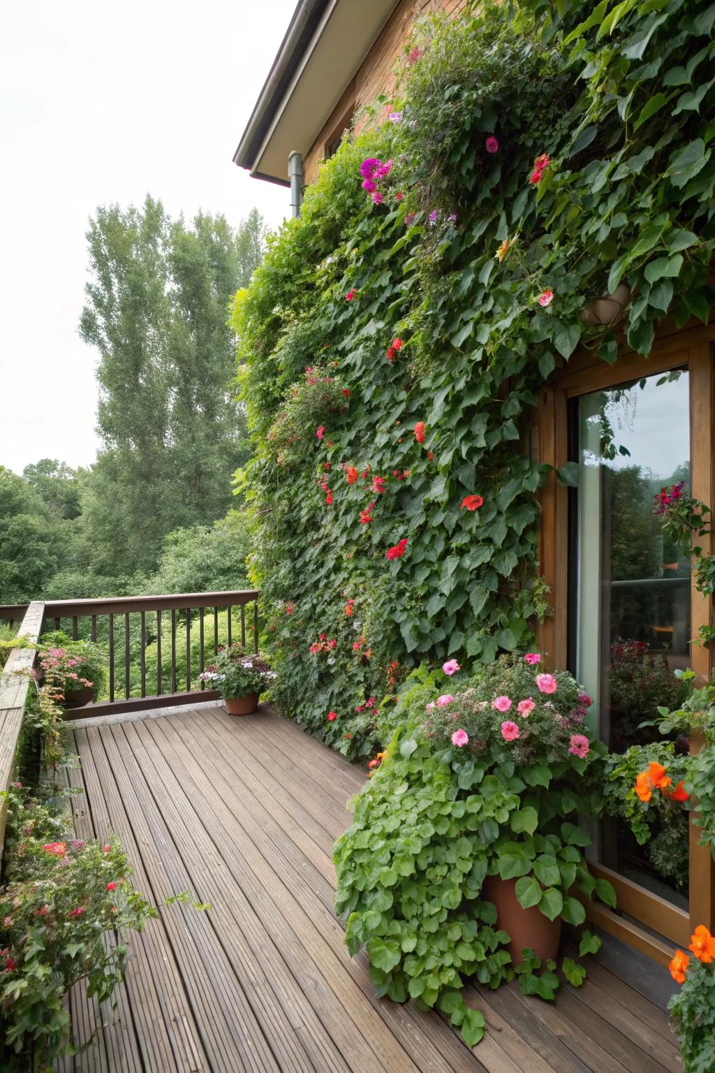 A vertical garden provides a natural privacy screen.