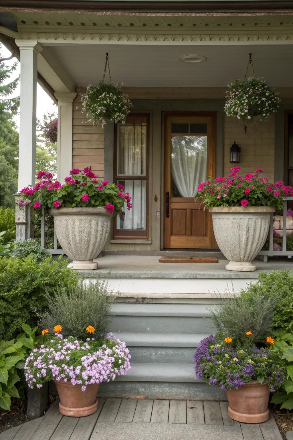 Potted plants bring life and color to your front porch.