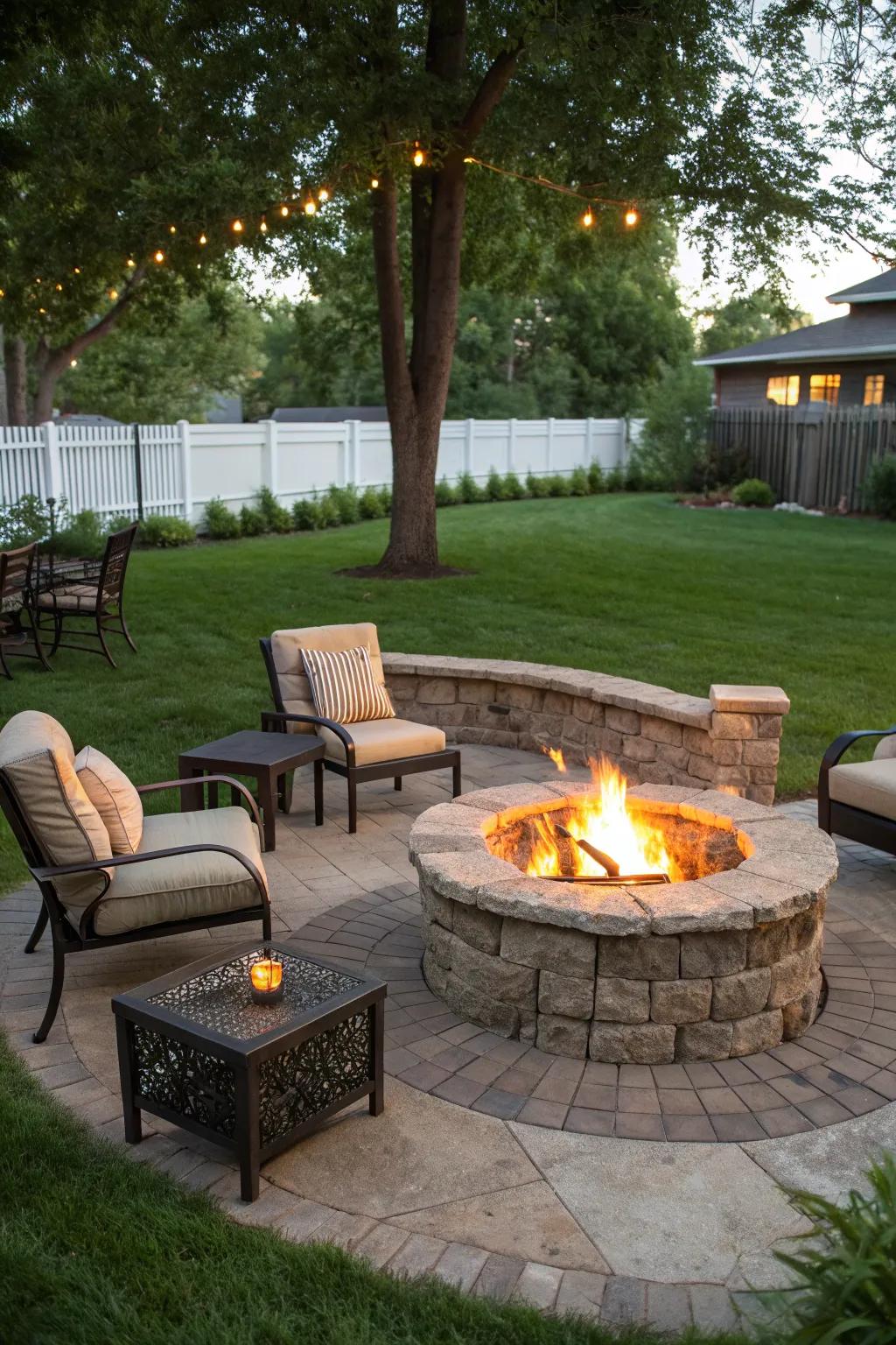 A stone fire pit adds warmth and ambiance, perfect for evening gatherings.