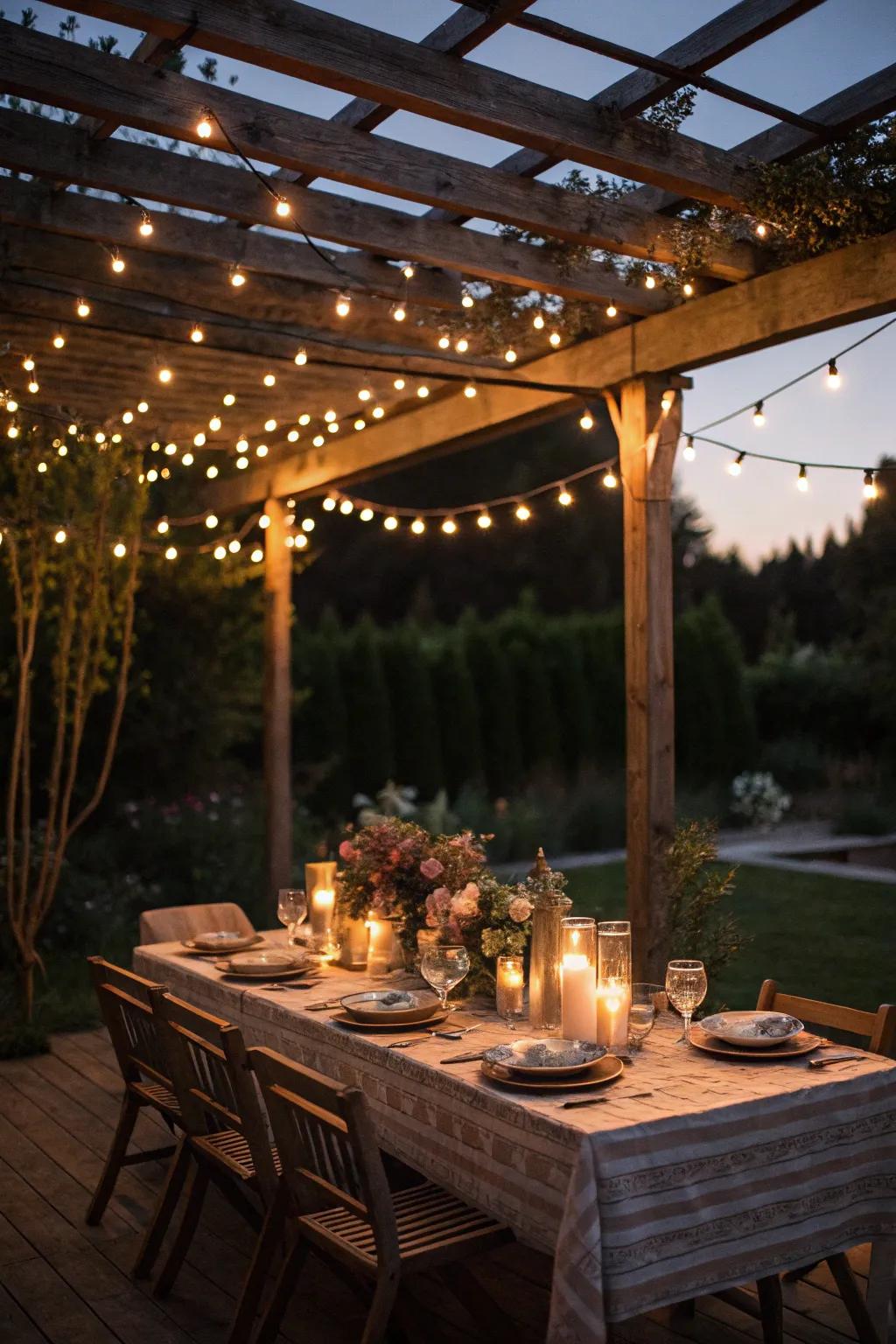 String lights add a touch of magic to outdoor dining.