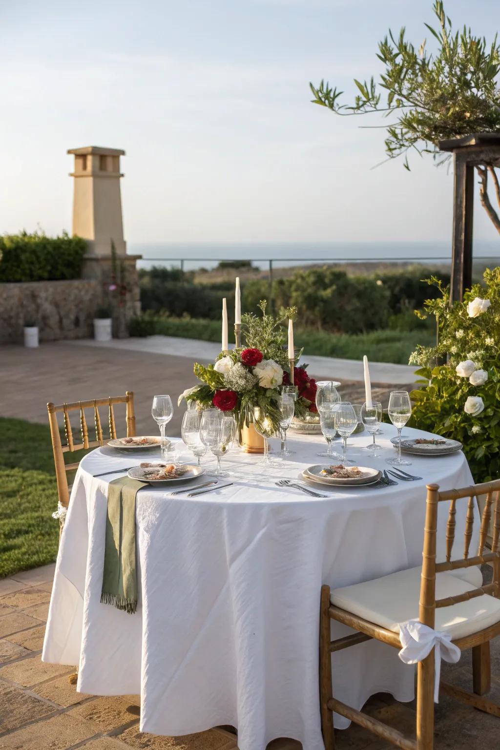 Create a sophisticated outdoor dining experience with elegant decor and table settings.
