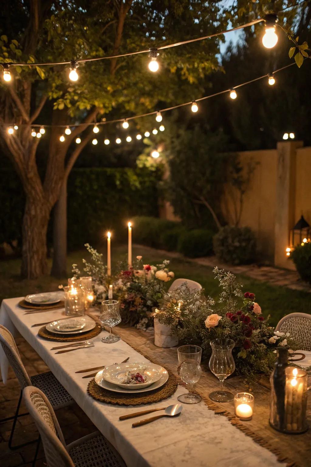 String lights setting the perfect mood for an evening meal.