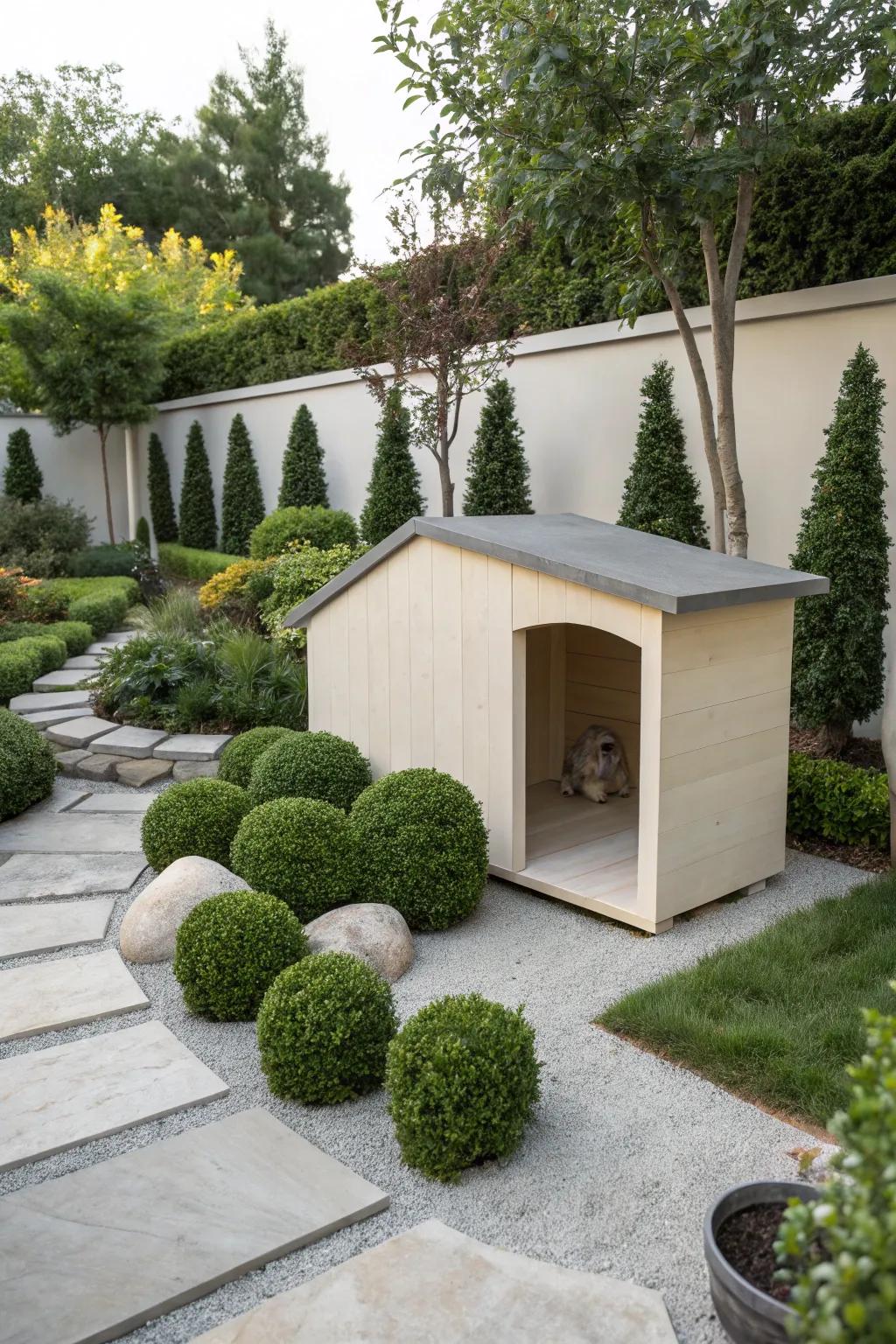 A modern minimalist dog house in a stylish garden.