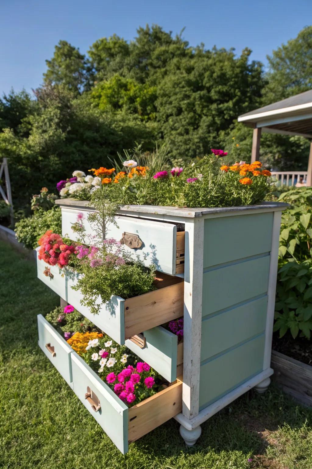 A dresser bursting with colorful flowers, creating a stunning planter display.